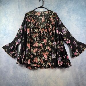 Free People Floral Ruffle V-Neck Bell Sleeve Tunic Top Black Pink XS